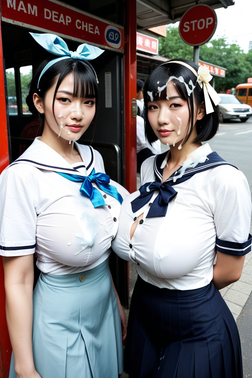 Button Up All The Buttons On The Shirt, Sailor Suit, Bust Shot AI Porn