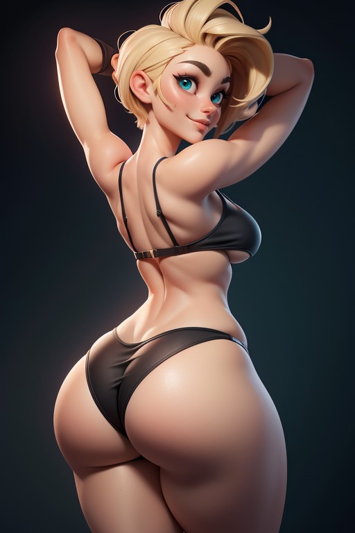 No Hair At The Back Of Head, Bikini Bottoms Are Pulled Down Revealing Ass Crack, Sexy Confident Smirk Expression Hentai AI Porn