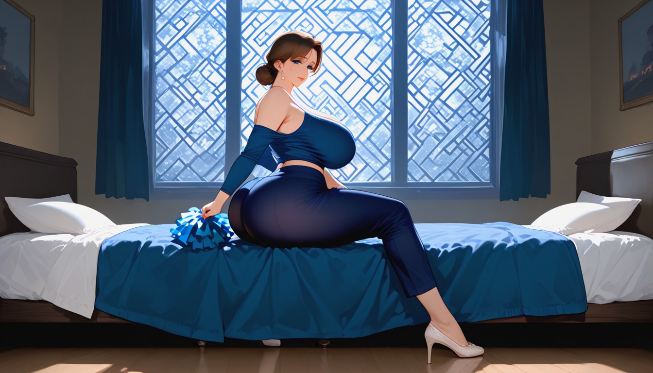 Bend Over Pose In Bed, Hourglass, Sweatpants Golden MILF AI Porn