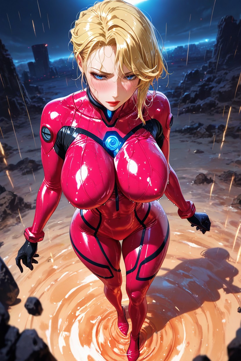 Side Swept Hairstyle, Front View, Skintight Pink Space Bodysuit AI Porn