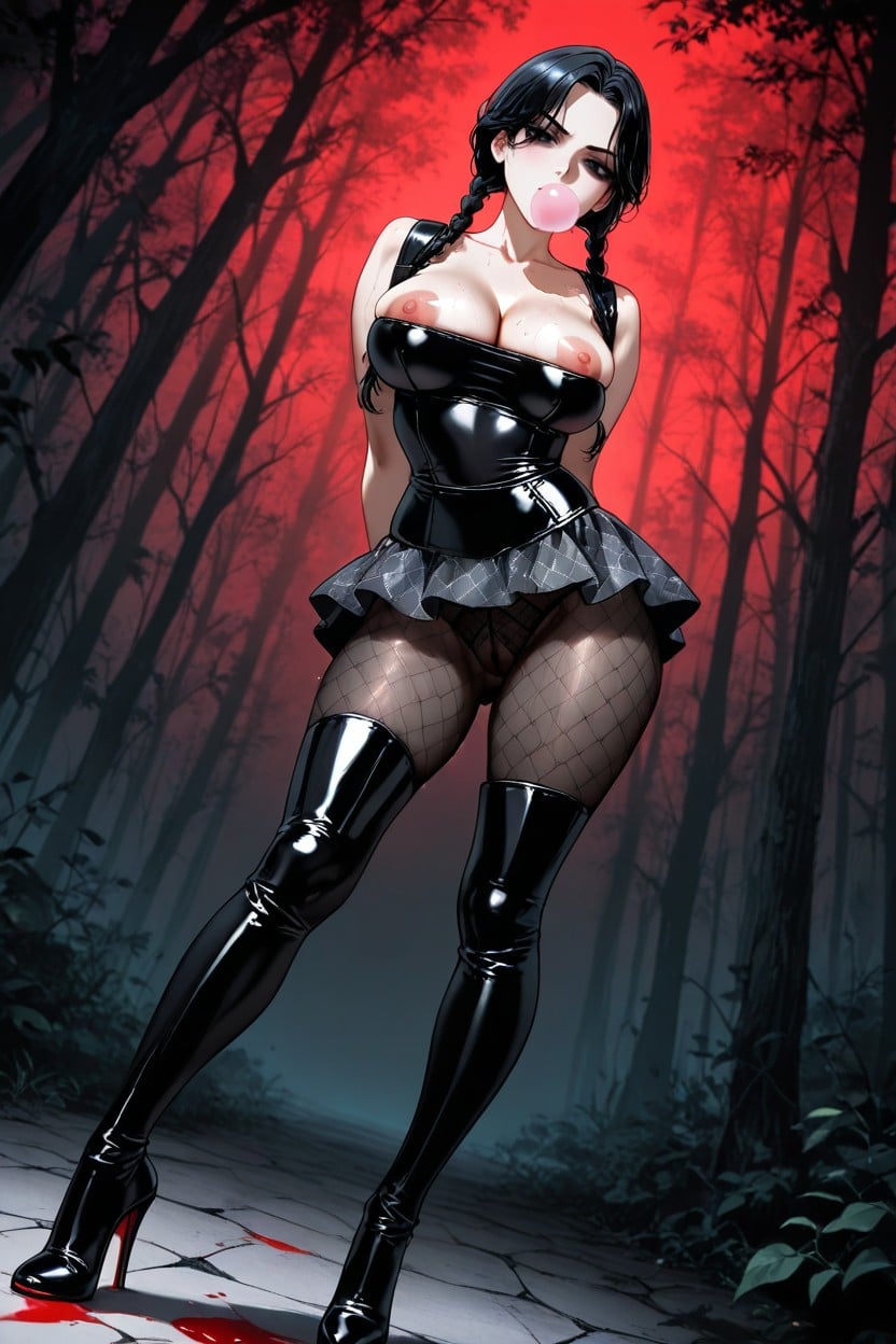 Standing, She Look Viewer, Louboutin Black Latex Thigh High Boots Hentai AI Porn