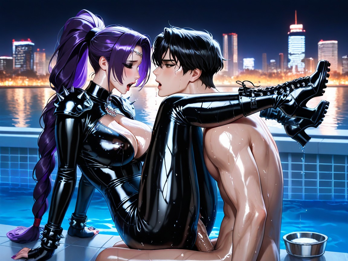 Glossy Full Lips, Wet Clothes, Massive Long Braided High Ponytail Starting At Forehead Hentai AI Porn