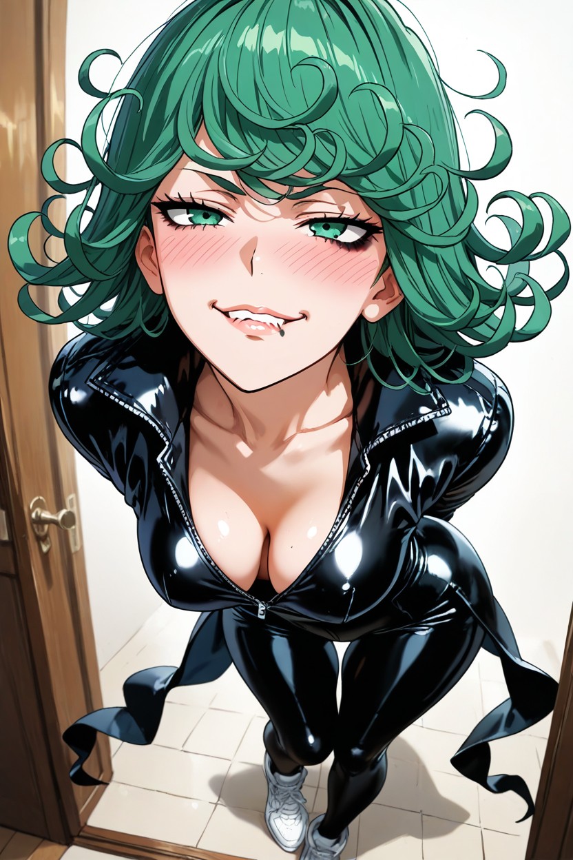 Perfect Face, Thinhighs, Black Latex Suit AI Porn