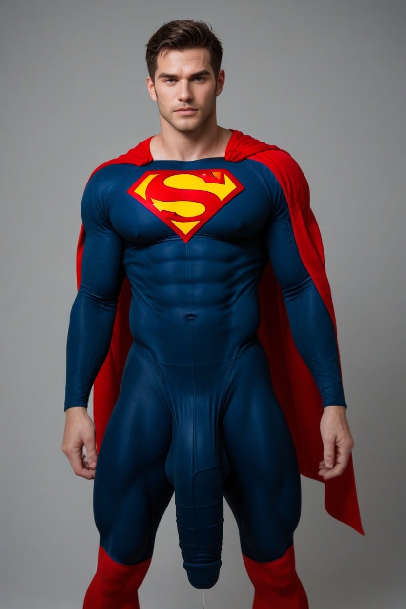 Red Cape, Shiny Spandex Leggings Covering His Massive Giant Bulge Outline In Superman Costume, Muscular AI Gay Porn