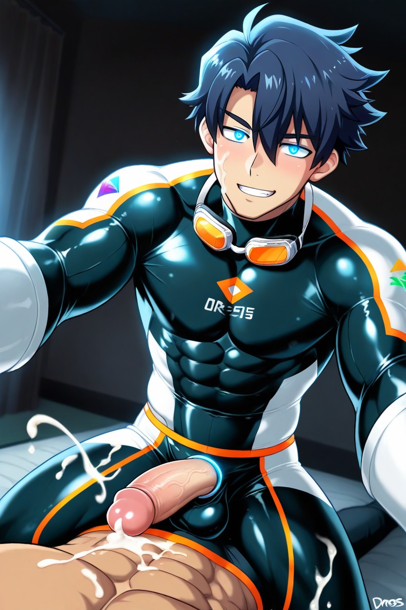 Dark Blue Hair, Huge Er Solo, Blue Eyes AI Gay Porn