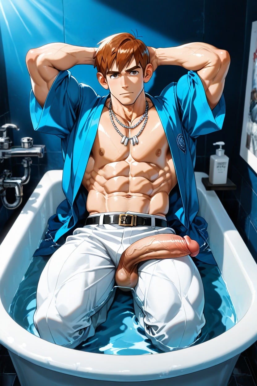 The Character Is A Muscular Man Sitting In Seiza, Letting The Dick Out Over It, Moody Lighting KI Schwulenporno