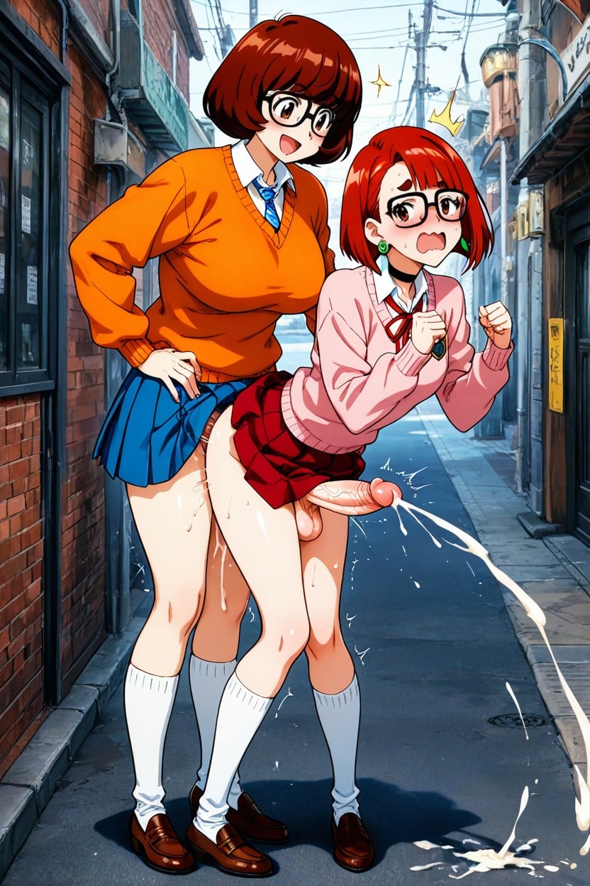 Momo Ayase Vaginal Fucking Bent Over Velma Dinkly, Focus On Both Hands Around Cock Jerking Off, Flacid Cock AI Porn