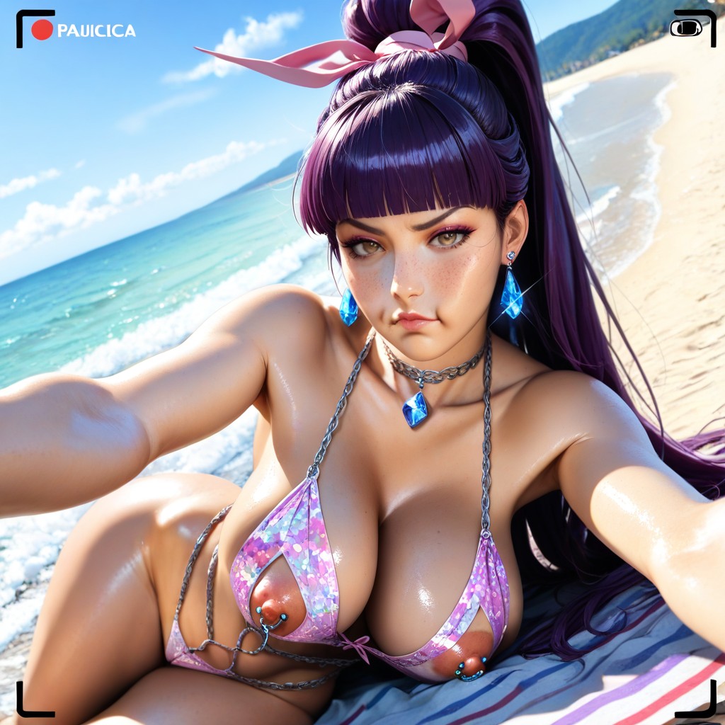 Beach, Dark Purple Hair, Jewel Choker AI Porn