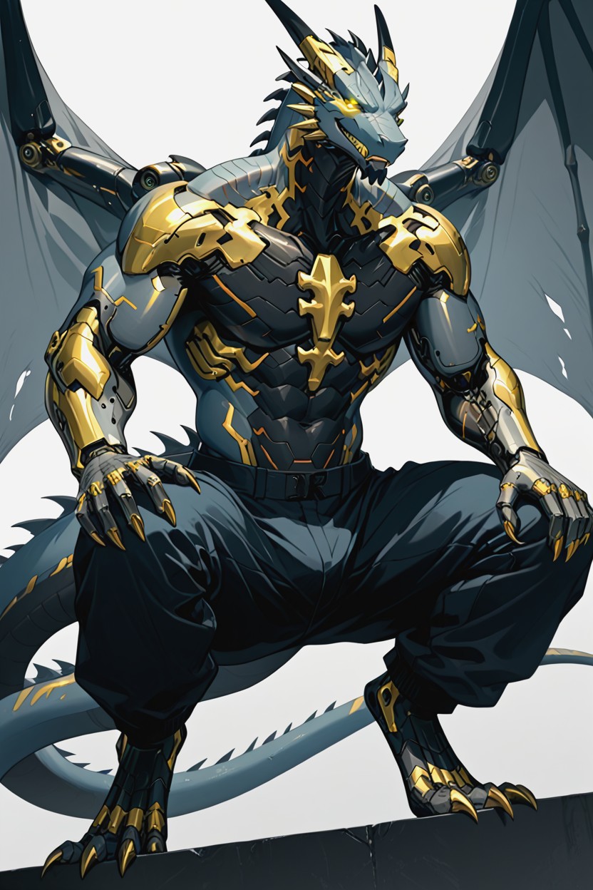 Black Robotic Arms With Gold Trim, Topless, 18+ Porno IA Furry