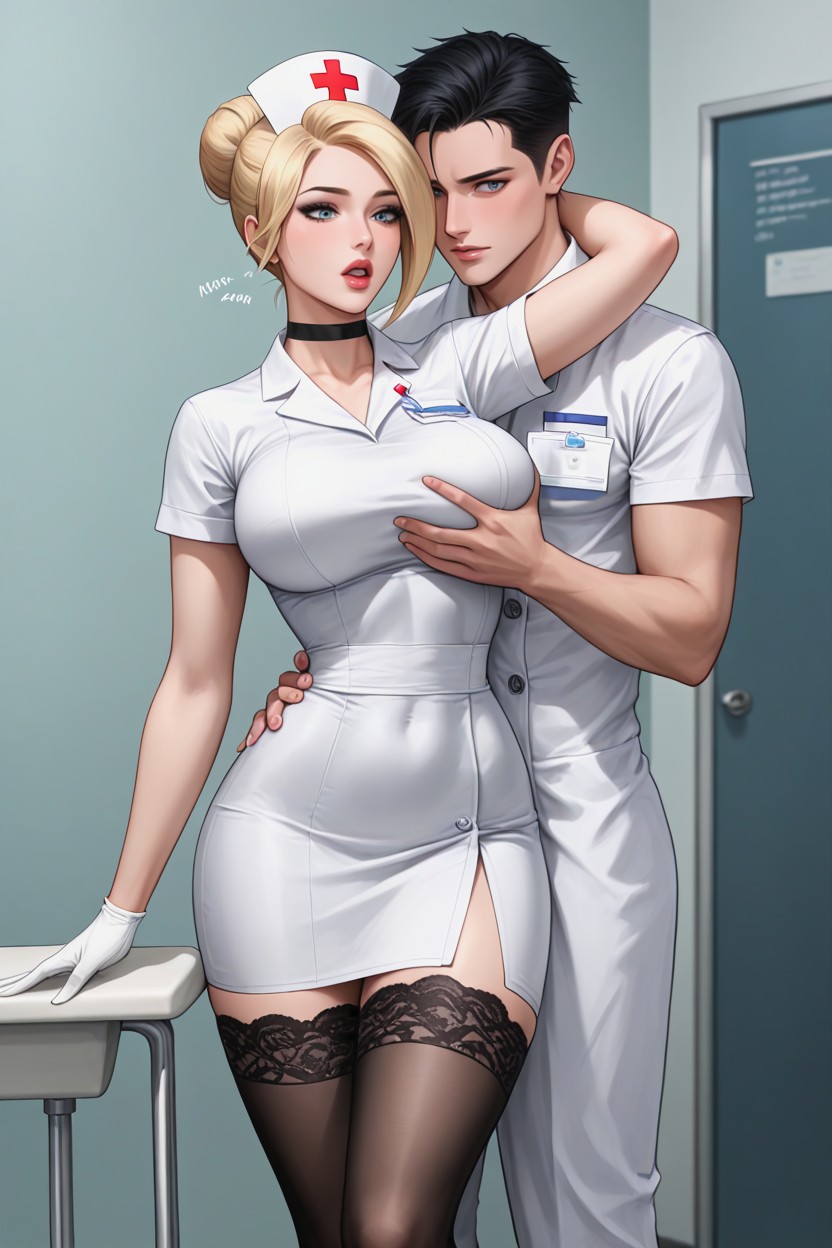 Black Choker, Man Stands Behind Woman, White Mask AI Porn