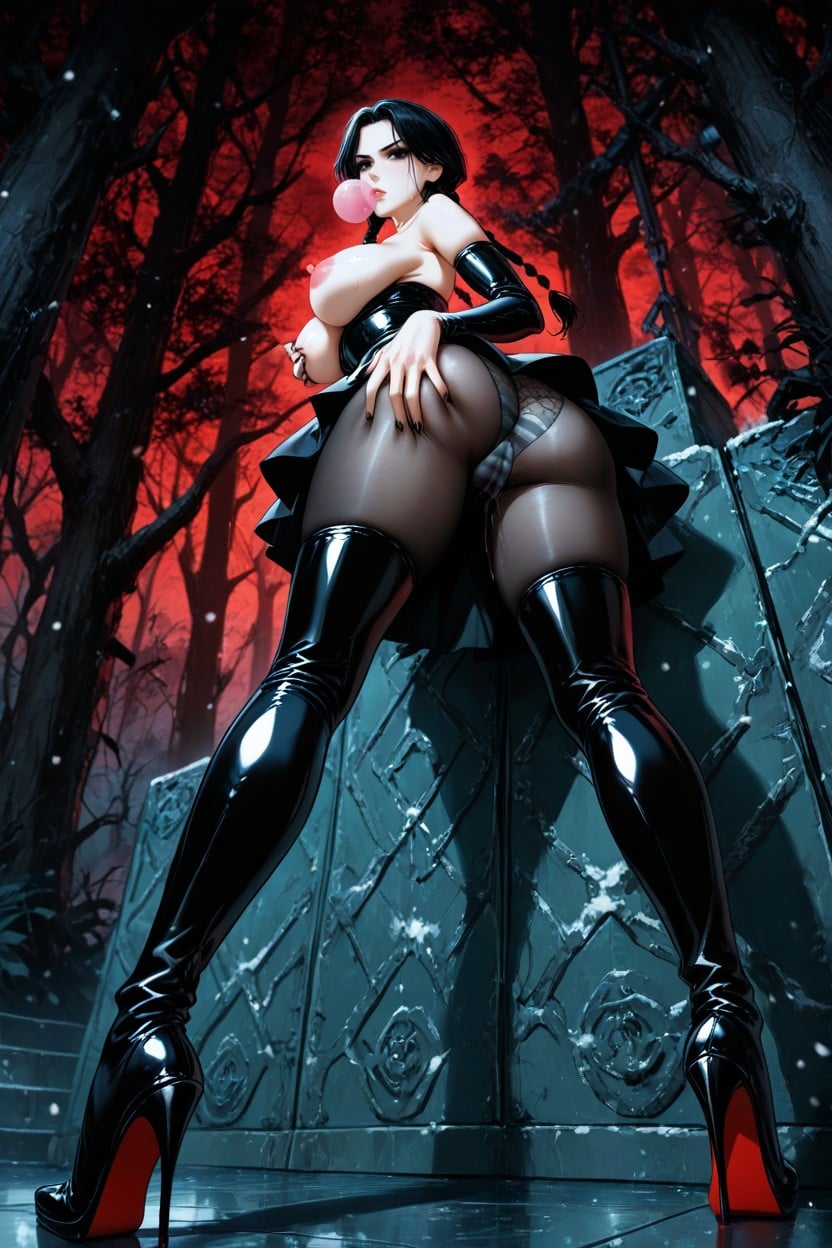 Voluptuous Breasts And Hips, Voluptuous Legs And Ass, Black And Grey Striped Panties Under Skirt Hentai AI Porn
