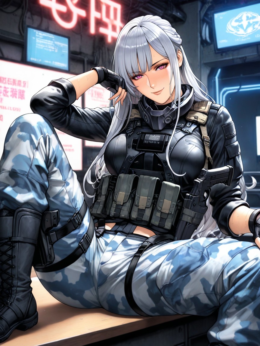 Fingerless Gloves, Black Gloves, Handgun Holstered Hentai AI Porn