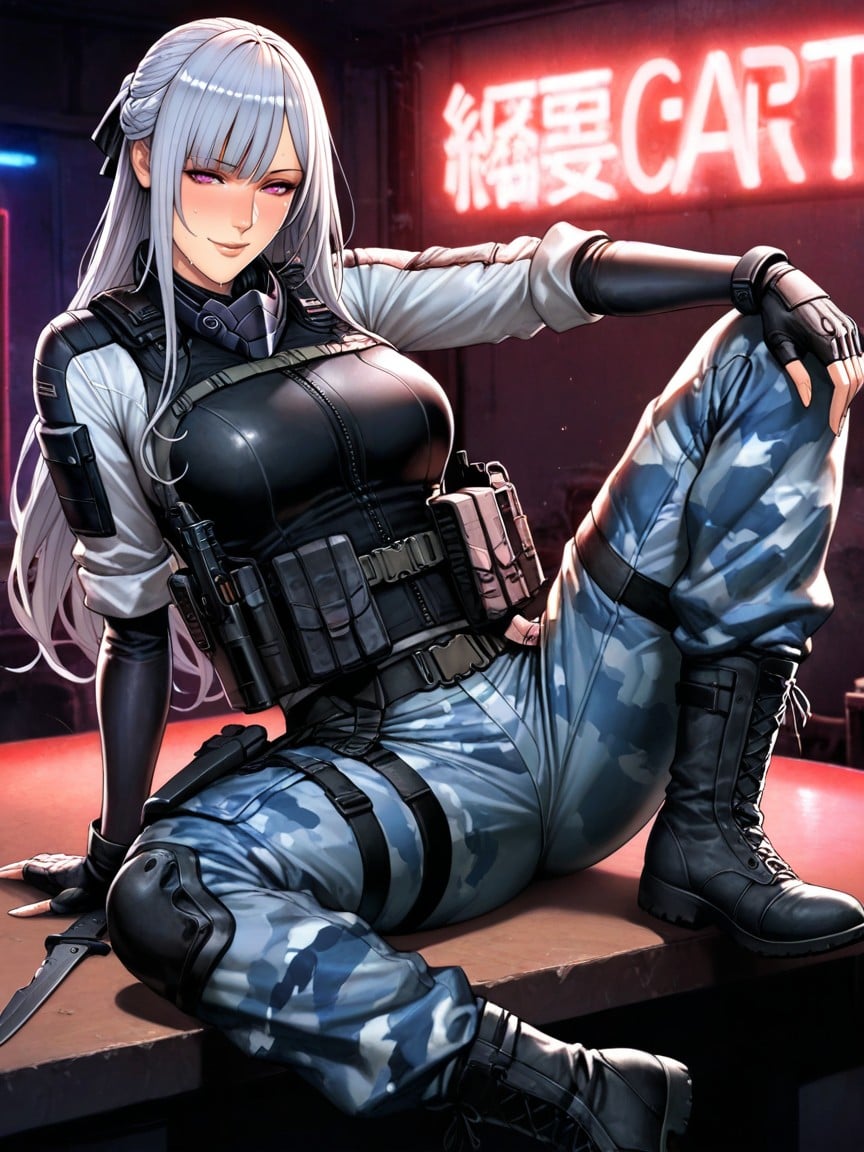 +, Black Gloves, Sitting Down Legs Spread Hentai AI Porn