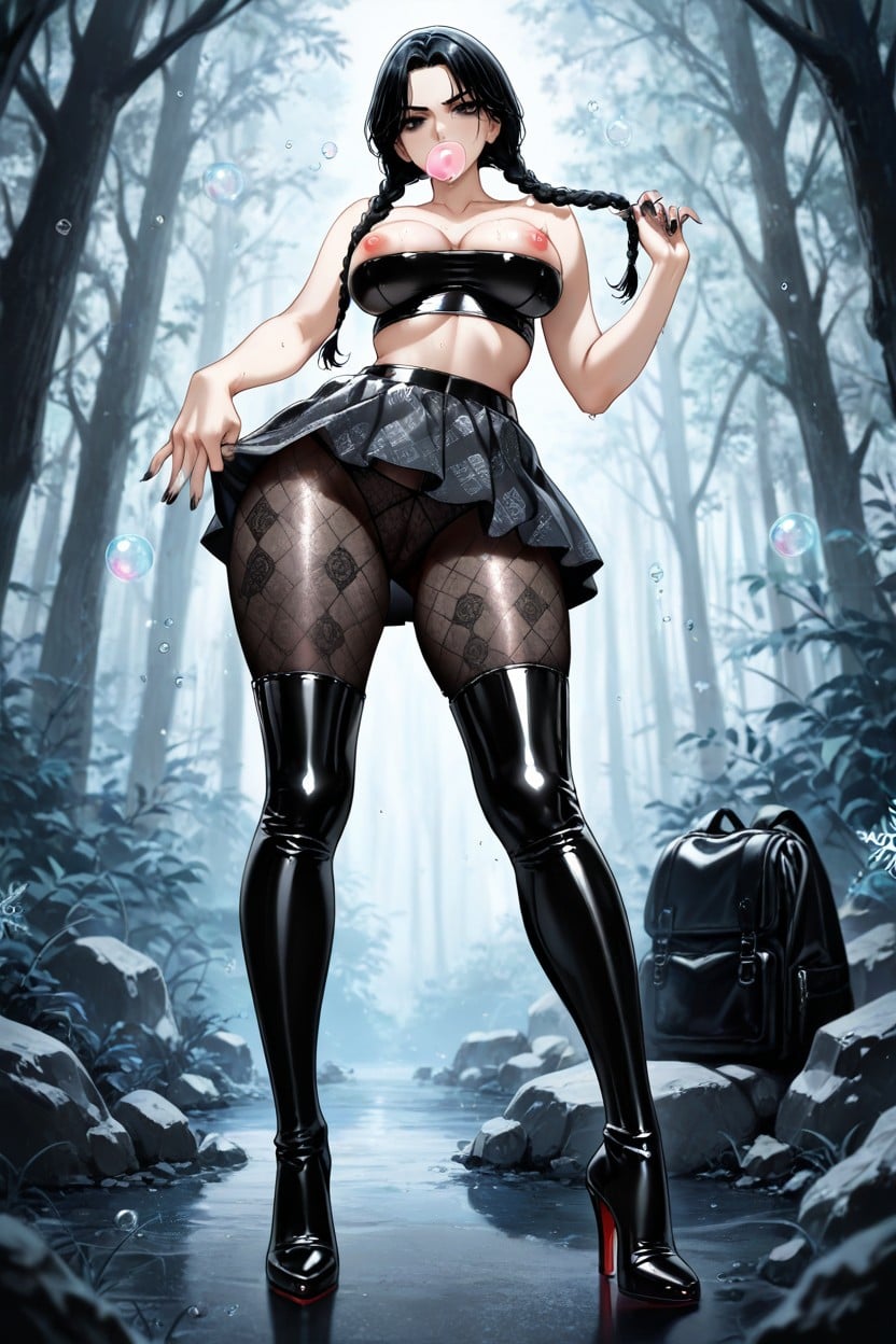 Black And Grey Striped Panties Under Skirt, Long Torso, She Look Viewer Hentai AI Porn