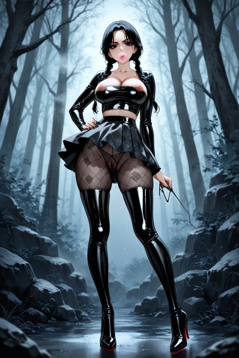 Black Latex Tight Print Tube Top, Wednesday Have Hair Braids, Louboutin Black Latex Thigh High Boots Hentai AI Porn