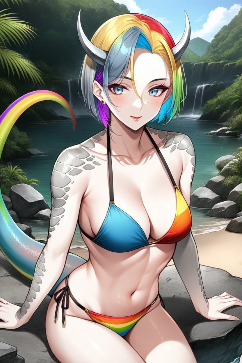Multi Colored Hair, Cleavage Showing, Sitting On A Rock AI Porn