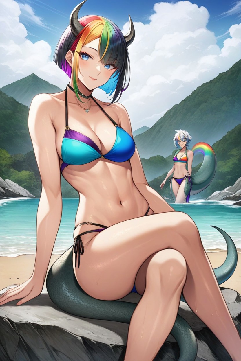 Exposed Midriff, Grey Horns, Multi Colored Hair AI Porn