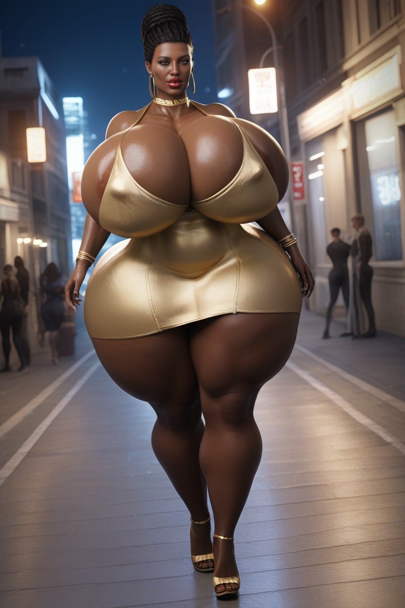 Tight Golden Minidress, Night, Black Eyeliner AI Porn