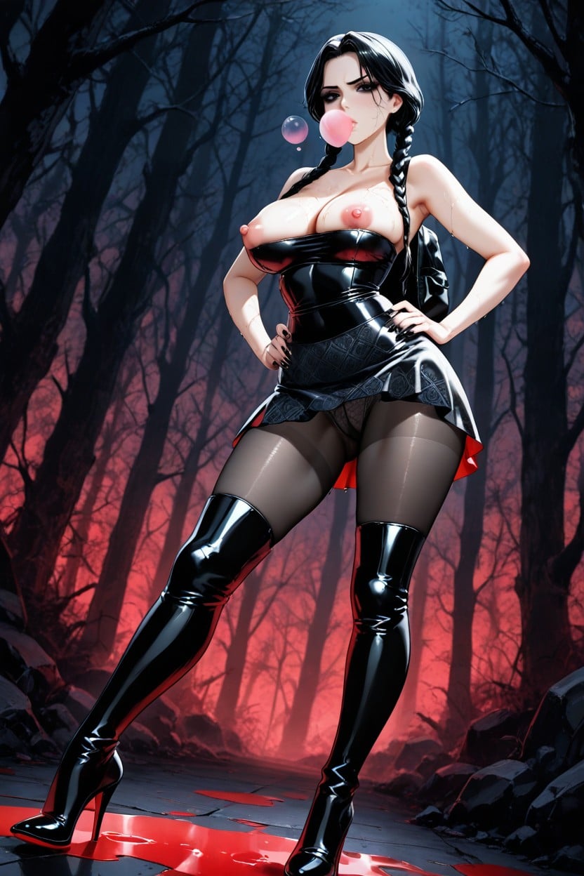 Scene On Rocks, Louboutin Black Latex Thigh High Boots, Desaturated Colors For Background Hentai AI Porn