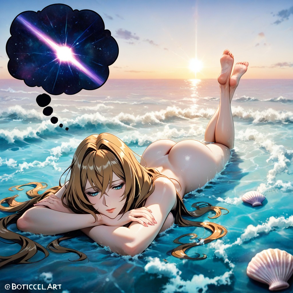 She Is Floating On Gigantic Seashell, Hilda, Peaceful Coastal Scene Porno IA