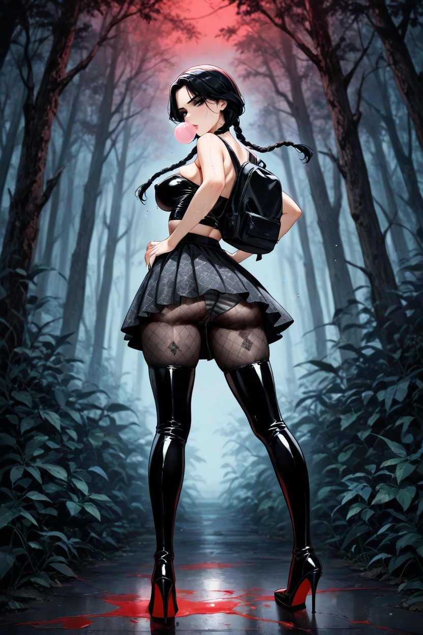 Red Dark Ambience, Black Latex Tight Print Tube Top, Rear View Hentai AI Porn
