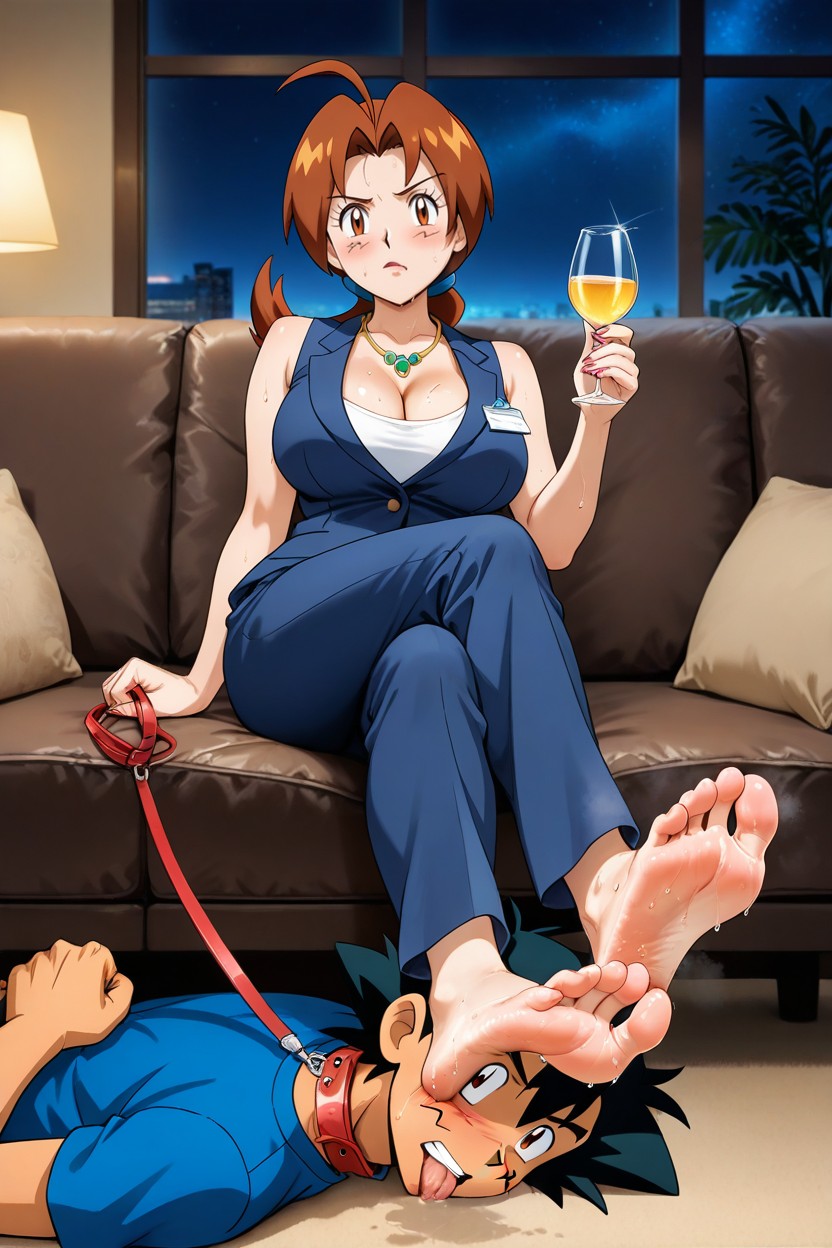 Bare Arms, Perfect Soles, Deila Ketchum Sitting On A Brown Sofa Hentai AI Porn