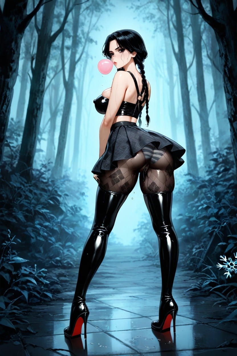 Wide Angle, Voluptuous Legs And Ass, Black Latex Tight Print Tube Top Hentai AI Porn