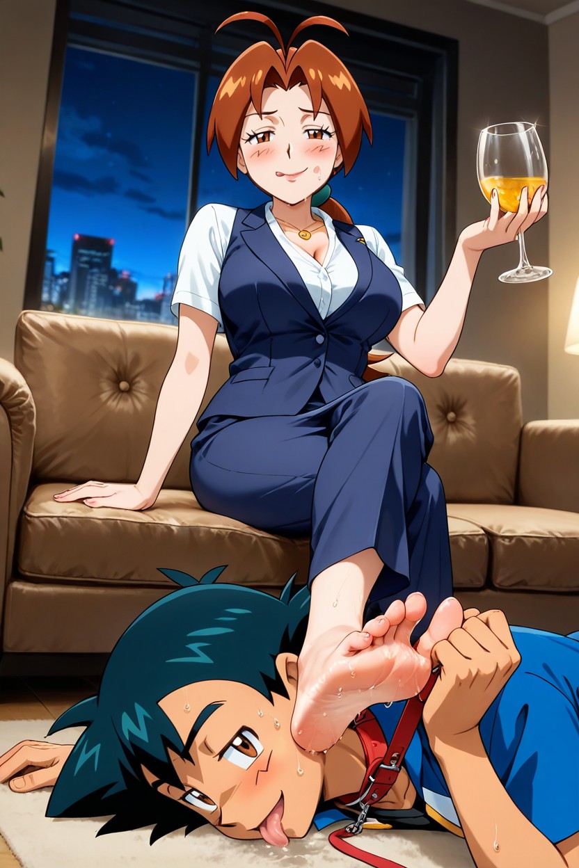 Ash Ketchum Submissive Expression, Holding A Leash, Bored Hentai AI Porn