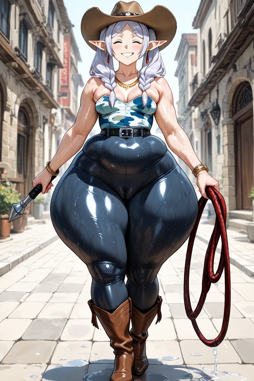 Massive Butt Cheeks, Pose, Tight Strapless Camo Top AI Porn