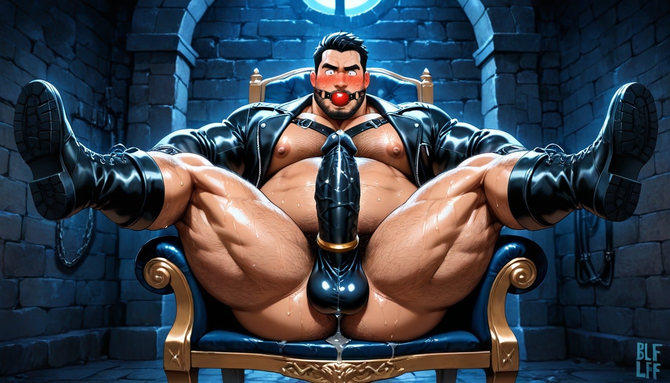 Open Black Leather Jacket, Ball Gag, Gêné Porno IA Gay