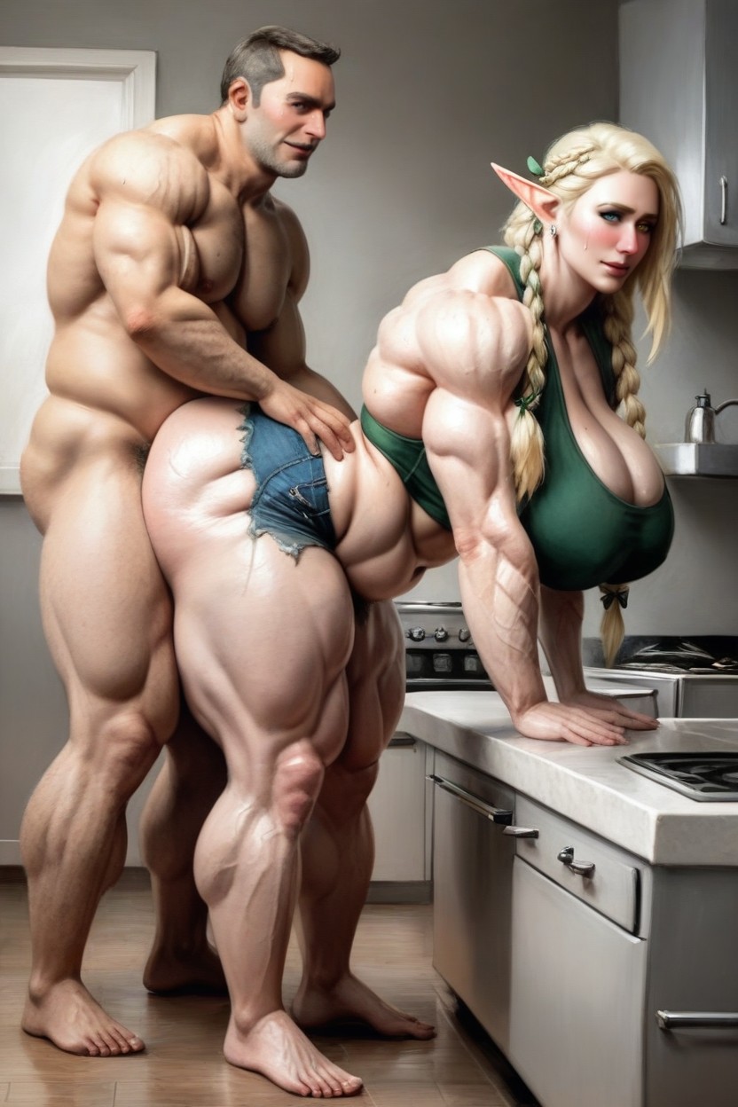 Extra Thick Tall Too Massive Oversized Huge Muscular Elf Female, Extra Pubic Hair, Braided AI Porn