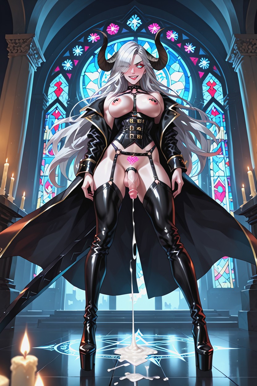 Futanari, Cyan Glowing Eye, Black Rolled Sheep Horns Shemale AI Porn
