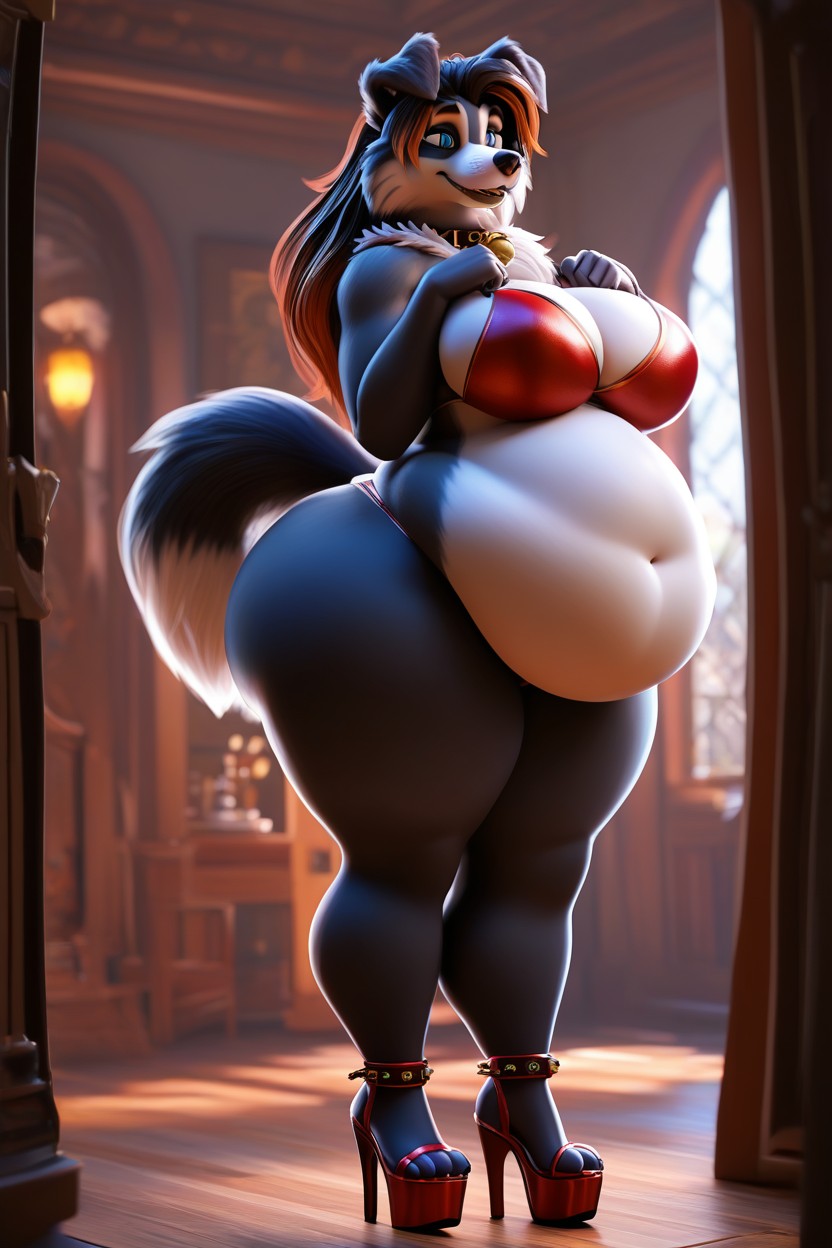 Extreme Hyper Fat Belly, Platform Stilettos, Bodies Facing Forward At Viewer Furry AI Porn