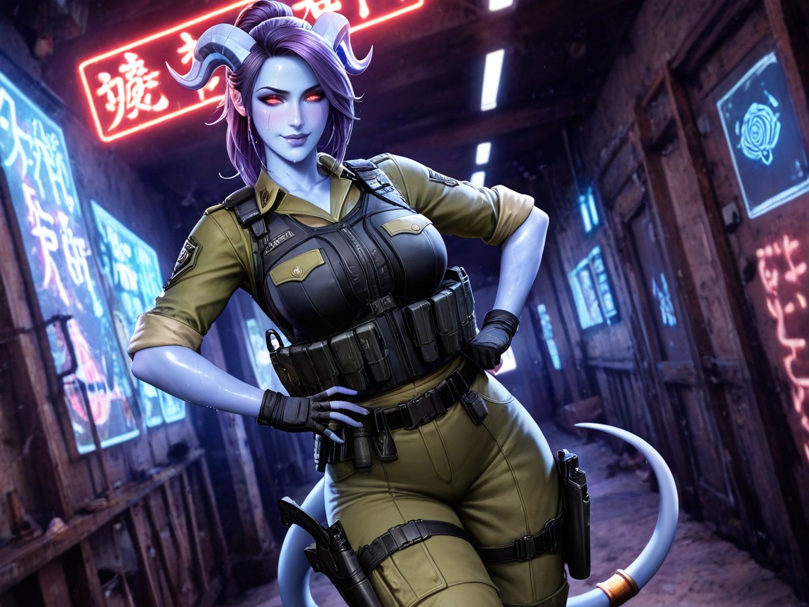 Front View, Black Tactical Vest With Pouches, Model Hentai AI Porn