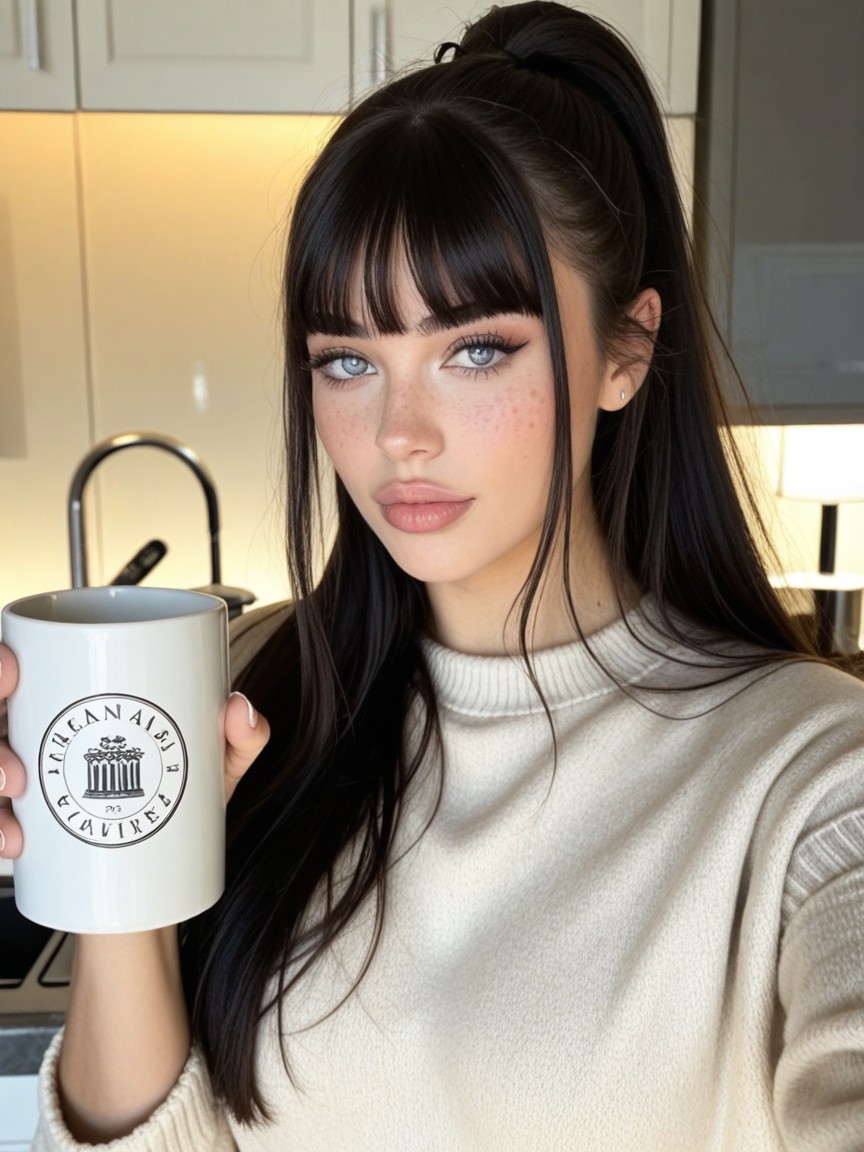 Bangs Hair, Glossy Natural Lips With Defined Cupid’s Bow, Holding A White Mug Close To Her Face With Both Hands AI Porn
