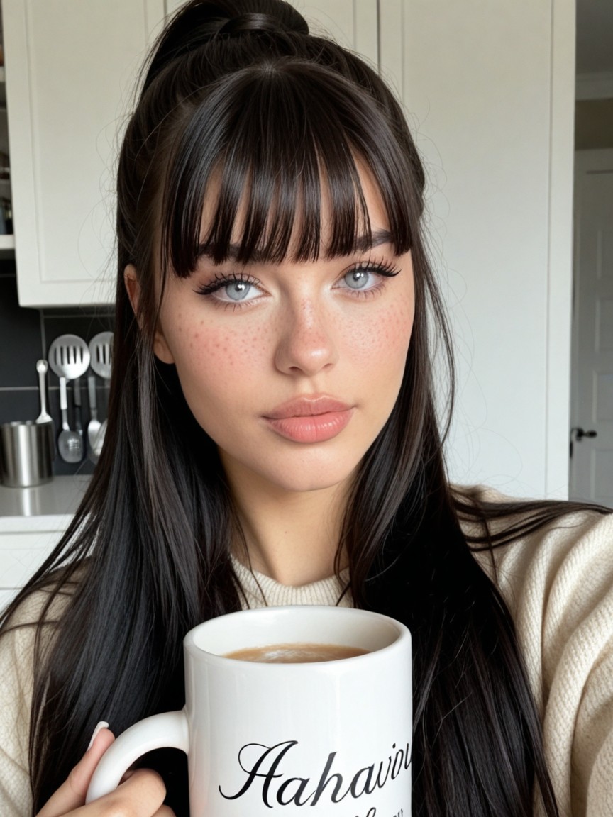 Bangs Hair, Blue Eyes, Sharp Winged Eyeliner AI Porn
