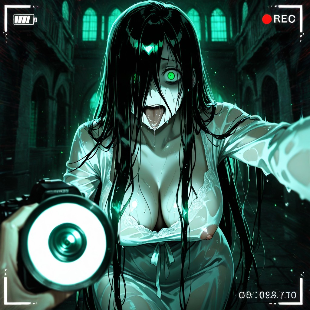 Yamamura Sadako, Green Overlay Fills The Frame, Oily Skin Hentai AI Porn