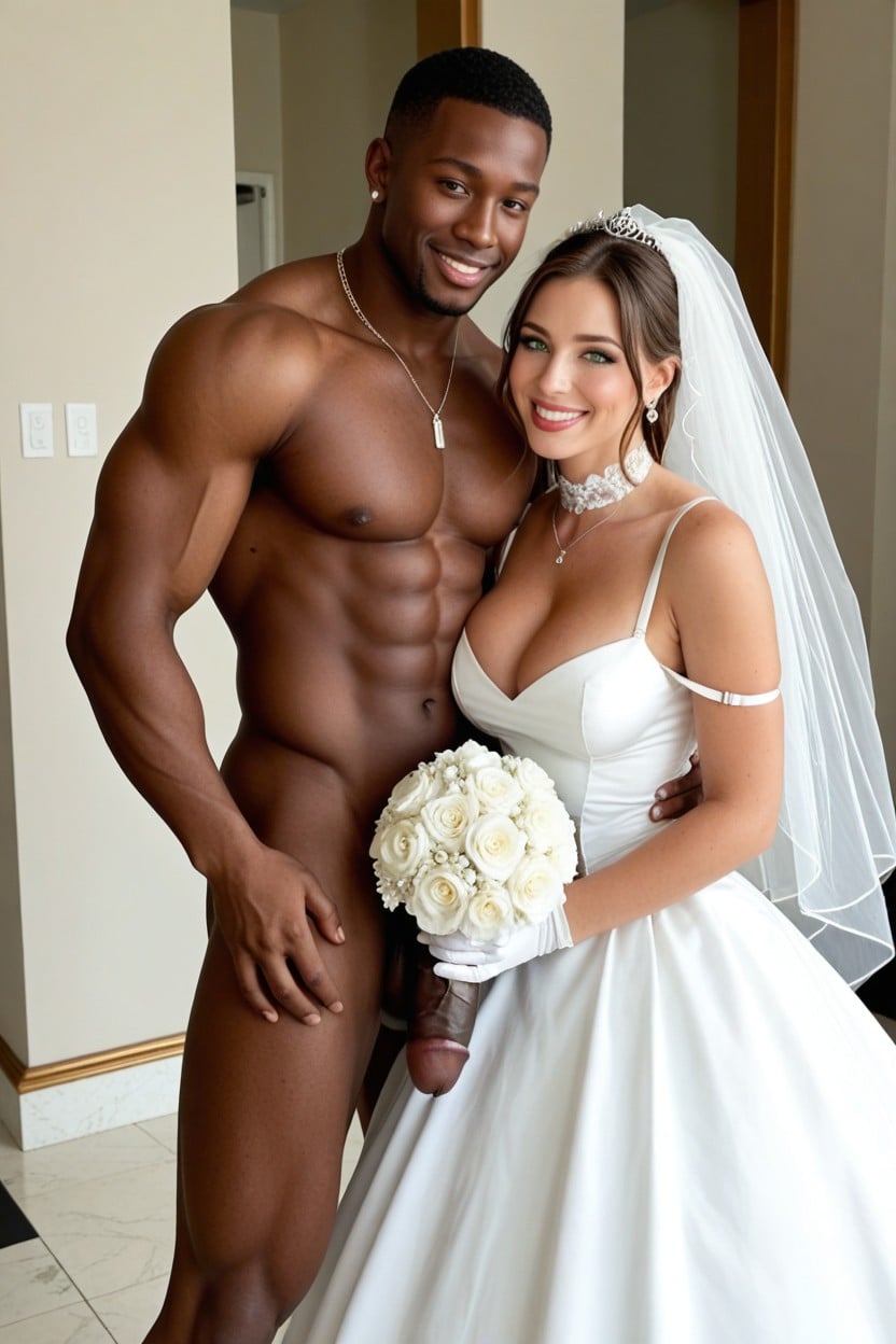 Embarrassed Smiling At Size Of Cock, Choker, Next To Bride Her Groom Husband AI Porn