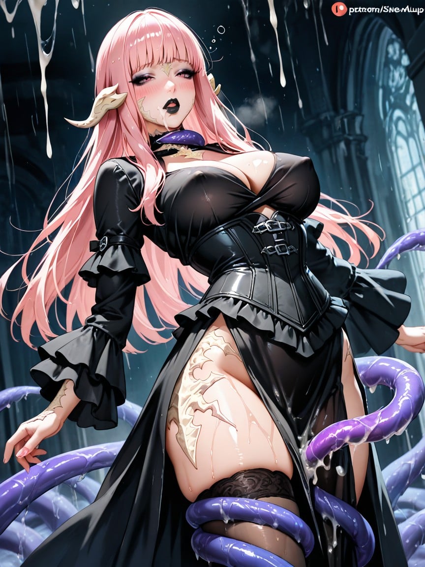 Long Hair, Tentacles On Her Stomach, Slimy Tentacle Deepthroat Her Hentai AI Porn