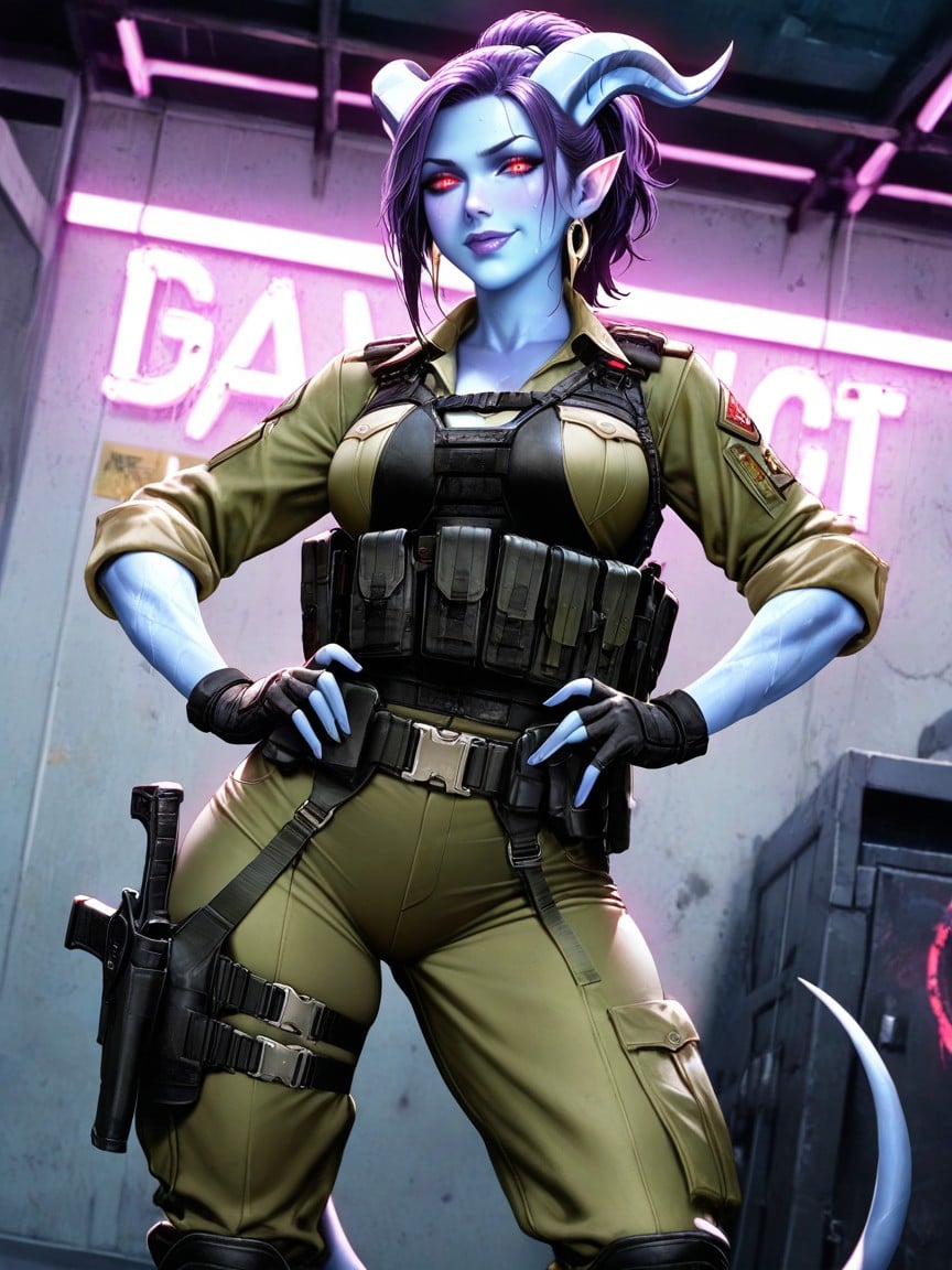 Inside A Military Command Room, Seductive Smile, Dark Purple Hair Hentai AI Porn