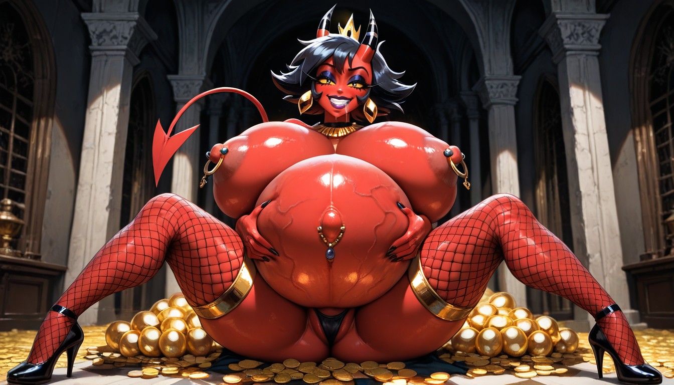 Gold Coins, Hyper Pregnant Belly, Very Detailed Face Hentai AI Porn