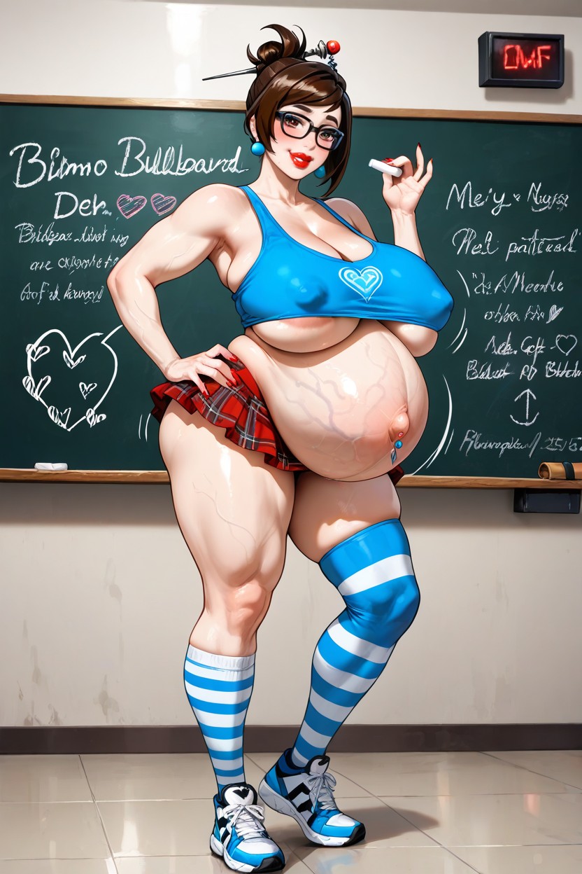 Hyper Veiny Belly, Striped Long Knee-socks, Brown Eyes Hentai AI Porn