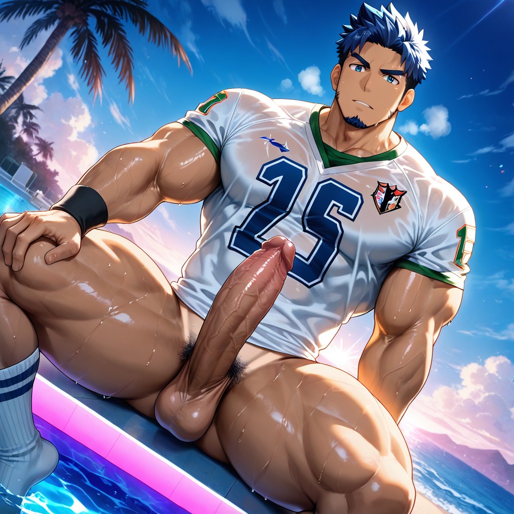 Vue De Face, Large Pectorals, Dark Blue Hair Porno IA Gay