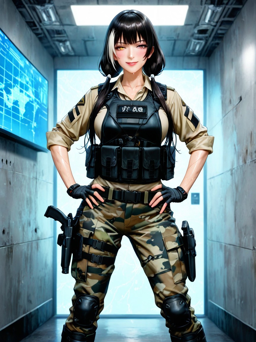 Seductive Smile, Black Camouflage Cargo Pants, Blue Neon Light Hentai AI Porn