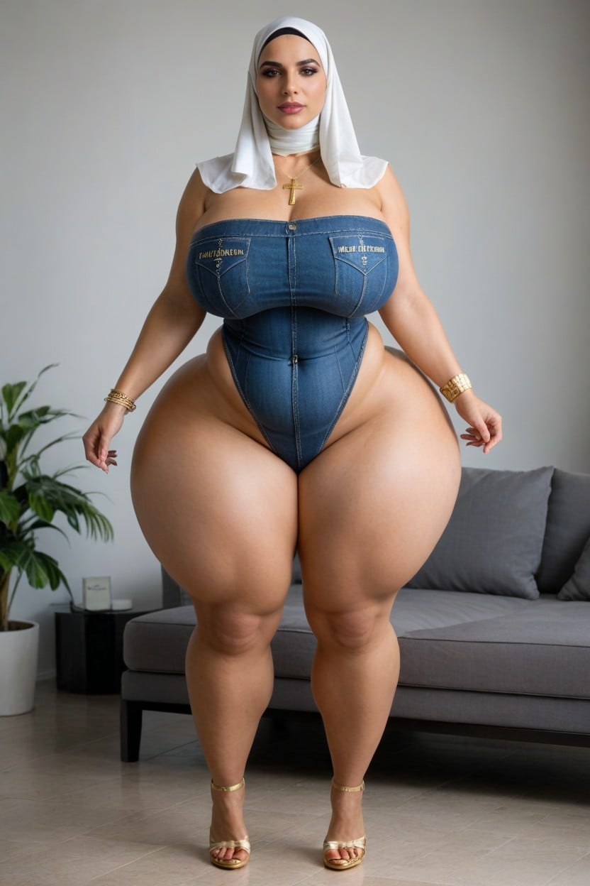 Gold Cross Necklace, Exposed Navel, Gigantic Thighs AI Porn