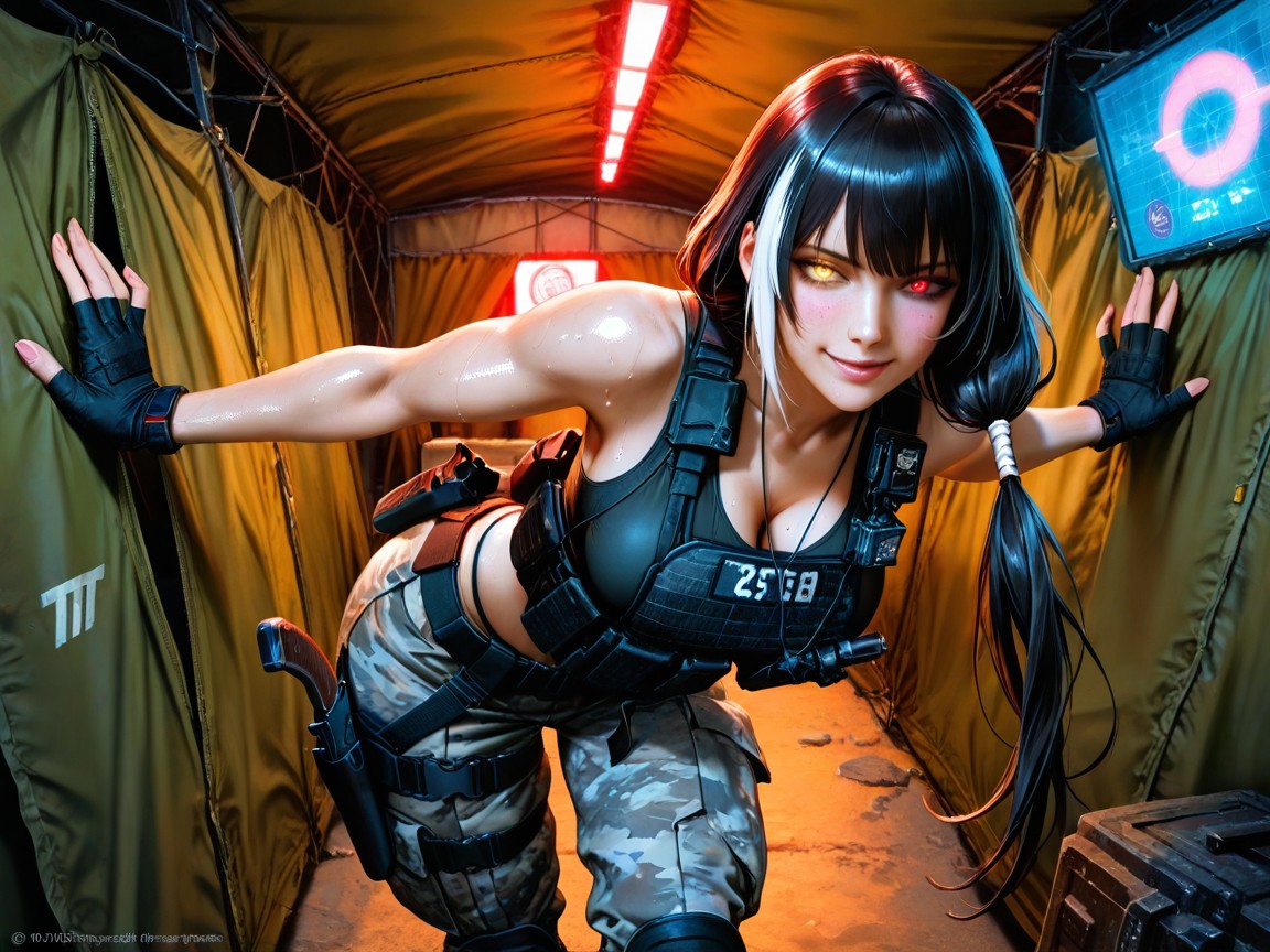 Blue Neon Light, Dark Red Right Eye, Handgun Holstered Hentai AI Porn