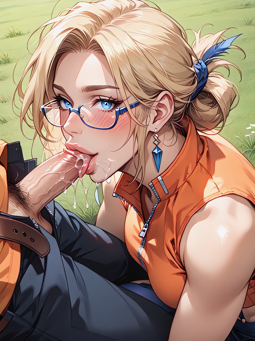 Messy Hair, Seductive Look, Bare Zip Up Orange Shirt Hentai AI Porn
