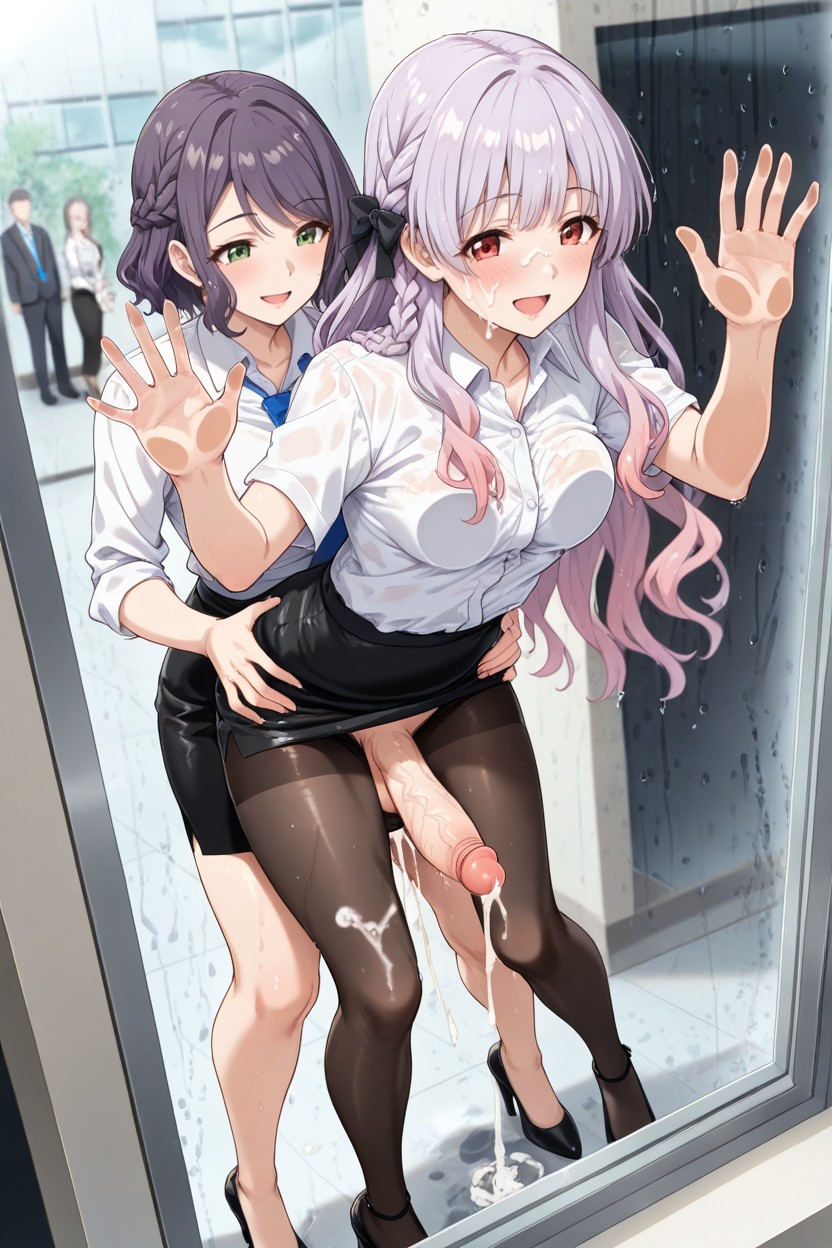 They Are Wearing White Office Shirt And Black Pencil Skirt, Charming Eyes, Futa Is Green Eyes Hentai AI Porn