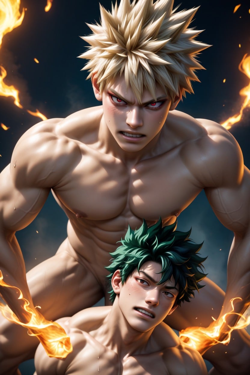 Sparks Flying From Bakugo's Palms Adding A Dangerous, Wide Emerald Gaze, Faces Flushed With Intense AI Gay Porn
