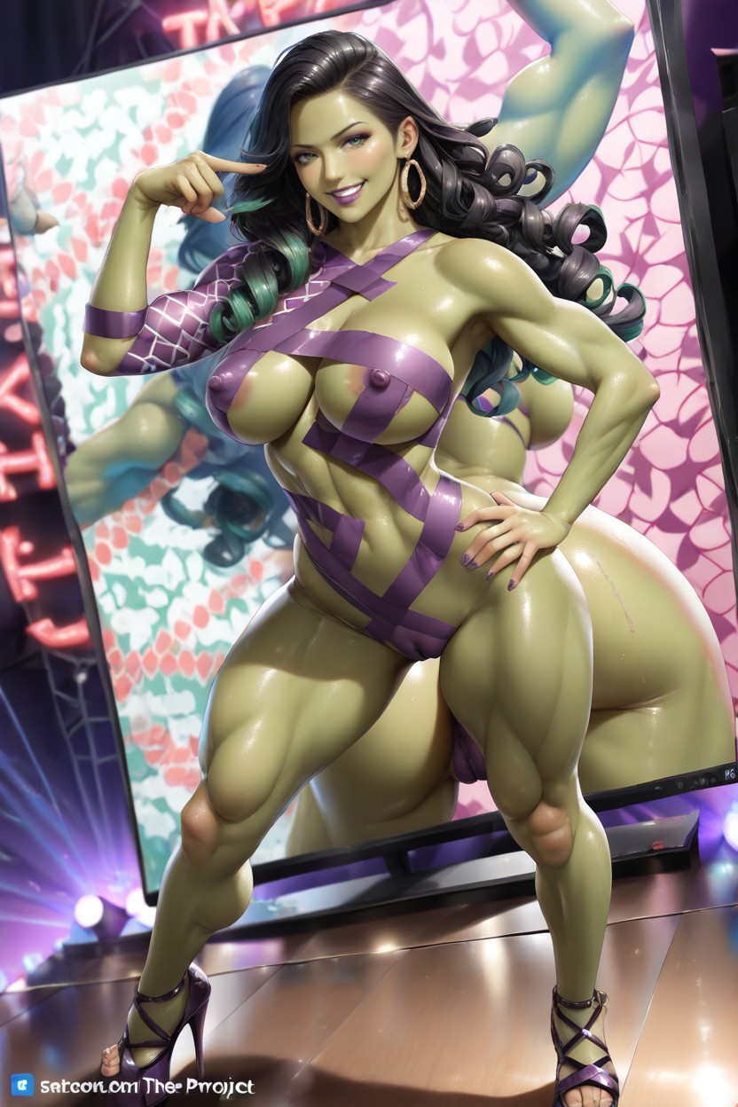 Patterned Arm, Dark Purple Lipstick, Long Hair AI Porn